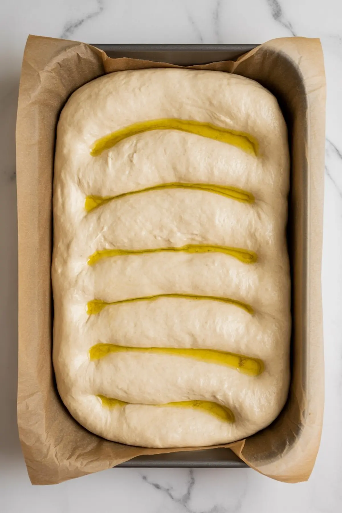 Focaccia dough spread in a rectangular pan lined with parchment paper, drizzled with olive oil in long stripes before baking.
