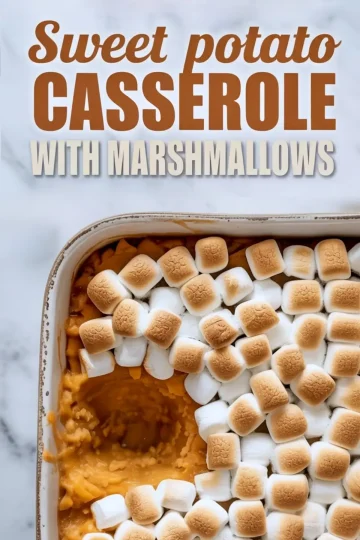 Collage of a sweet potato casserole with a corner serving removed, revealing a smooth orange base under a toasted marshmallow layer, framed with bold text for easy sharing as a Thanksgiving side dish idea.