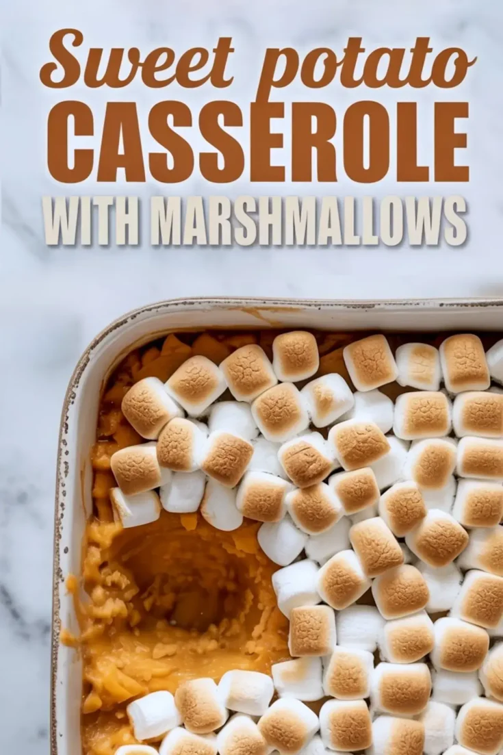 Collage of a sweet potato casserole with a corner serving removed, revealing a smooth orange base under a toasted marshmallow layer, framed with bold text for easy sharing as a Thanksgiving side dish idea.