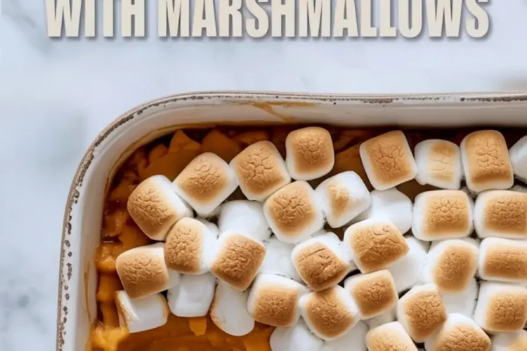 Collage of a sweet potato casserole with a corner serving removed, revealing a smooth orange base under a toasted marshmallow layer, framed with bold text for easy sharing as a Thanksgiving side dish idea.