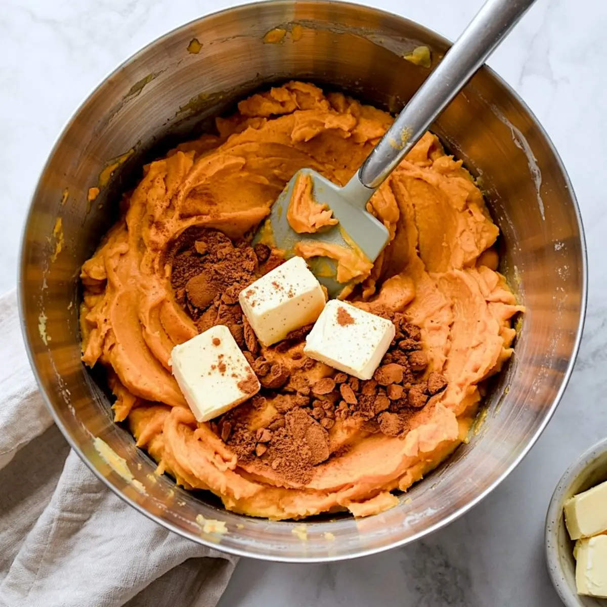 Creamy mashed sweet potatoes in a stainless steel mixing bowl with cubes of butter and ground cinnamon, ready for baking preparation.
