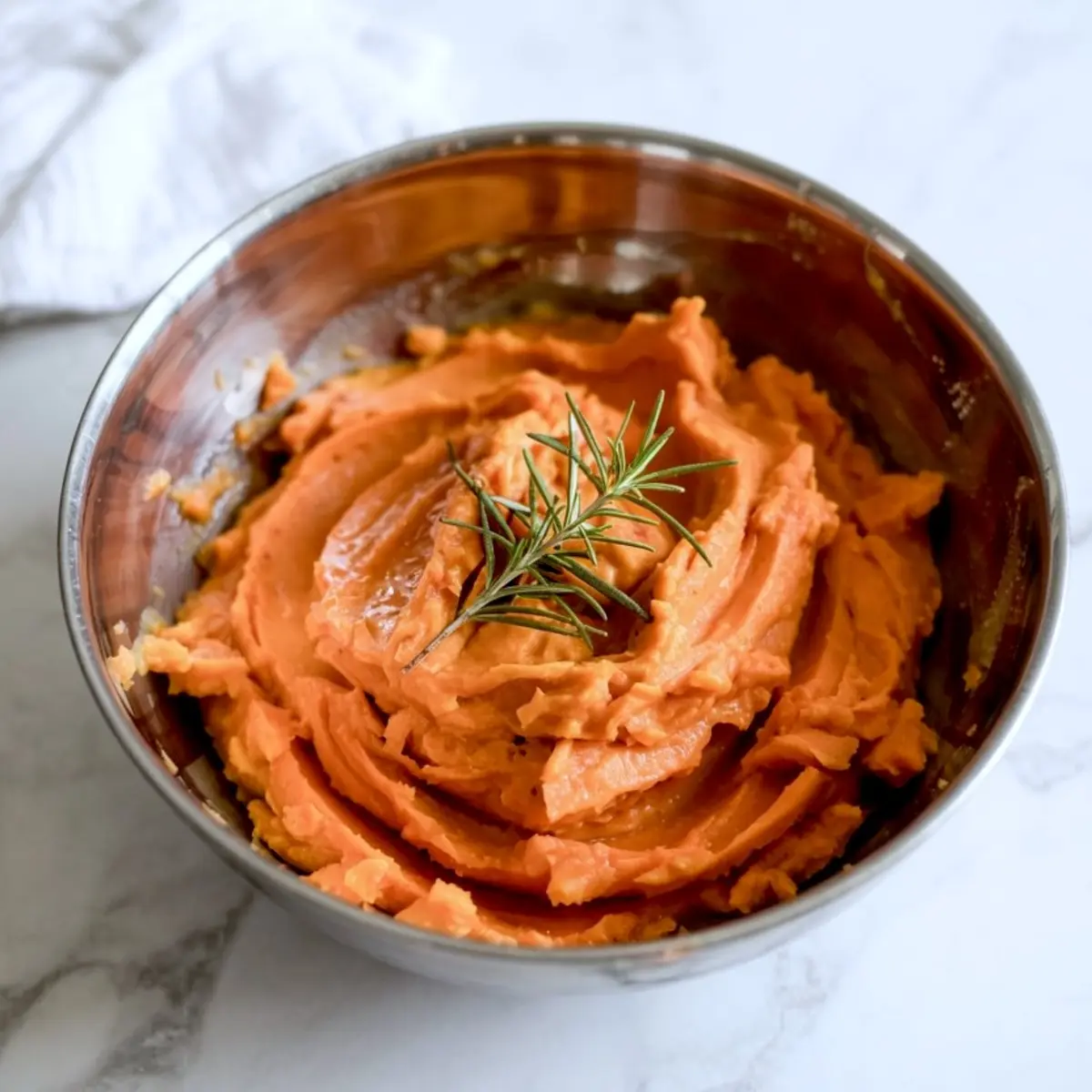 Creamy mashed sweet potatoes in a metal bowl garnished with a sprig of rosemary, ideal for fall baking or Thanksgiving side dishes.
