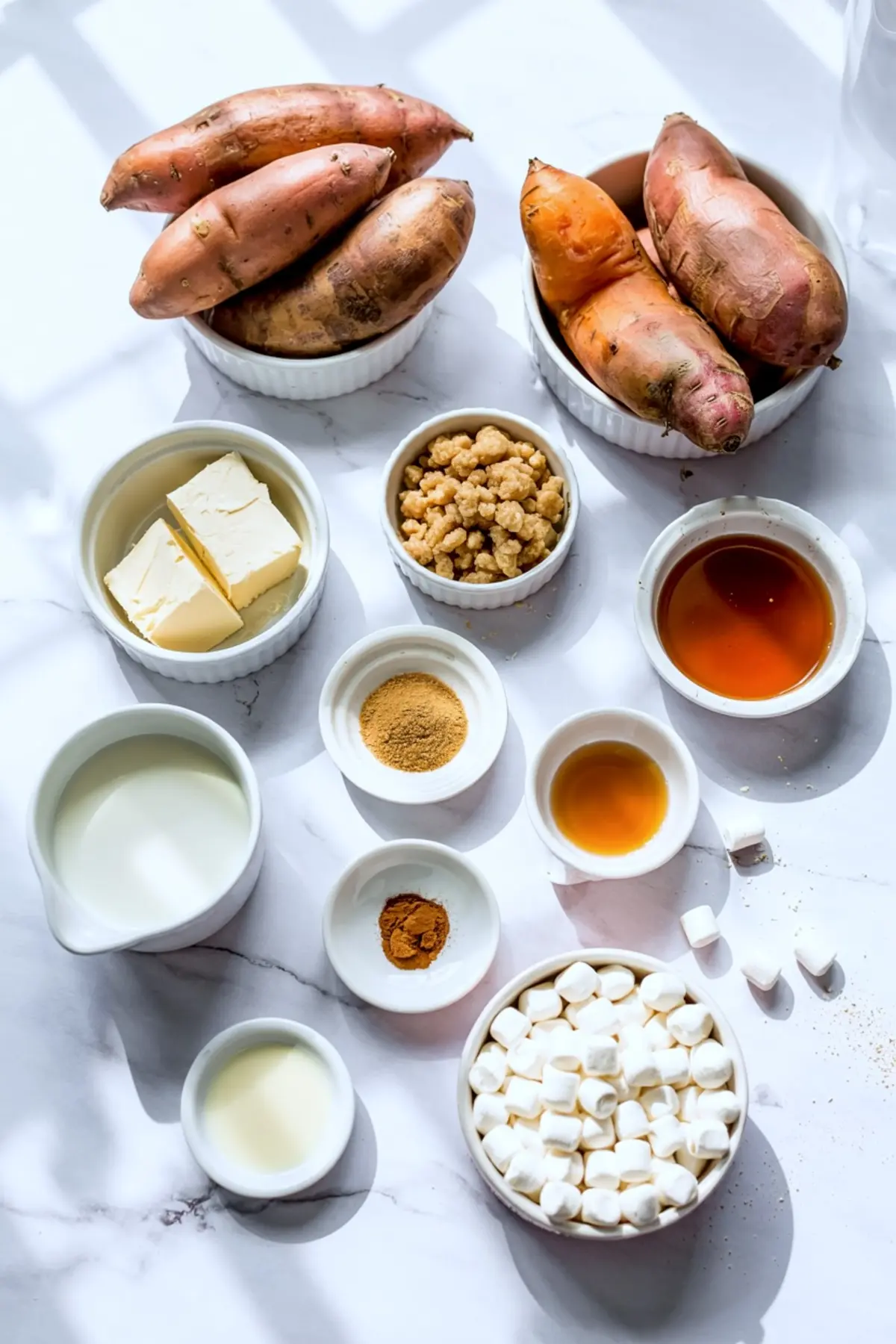 Flat lay of sweet potato casserole ingredients including fresh sweet potatoes, mini marshmallows, brown sugar, cinnamon, milk, butter, maple syrup, and vanilla extract in white ceramic bowls.
