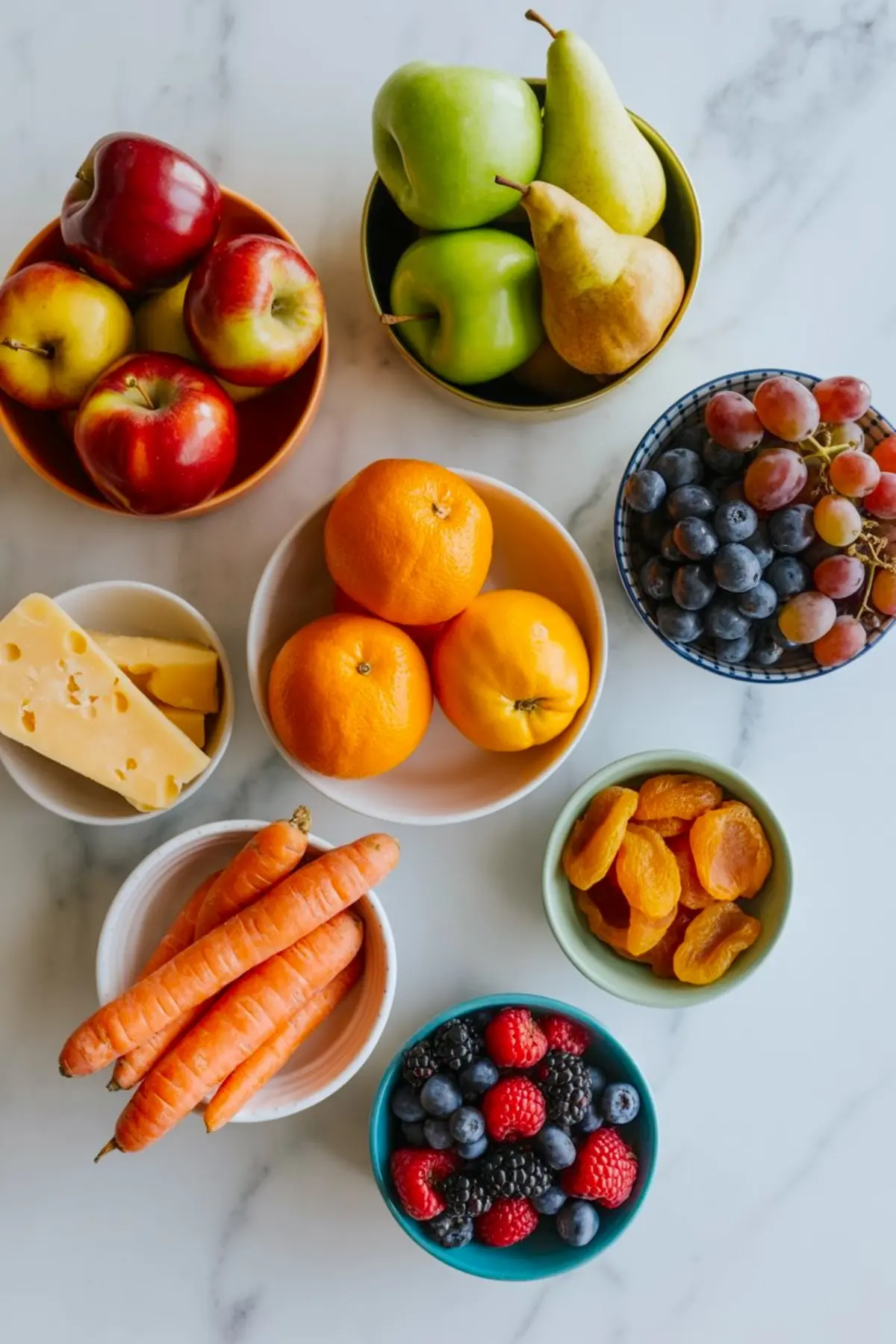 Overhead view of assorted fruits, vegetables, and cheese in bowls on a marble surface, including apples, pears, oranges, grapes, dried apricots, carrots, cheese slices, and mixed berries.