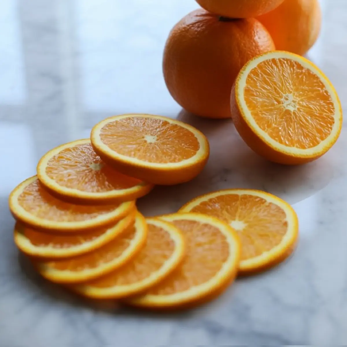 Sliced oranges arranged in a neat curve on a marble countertop with whole oranges in the background.