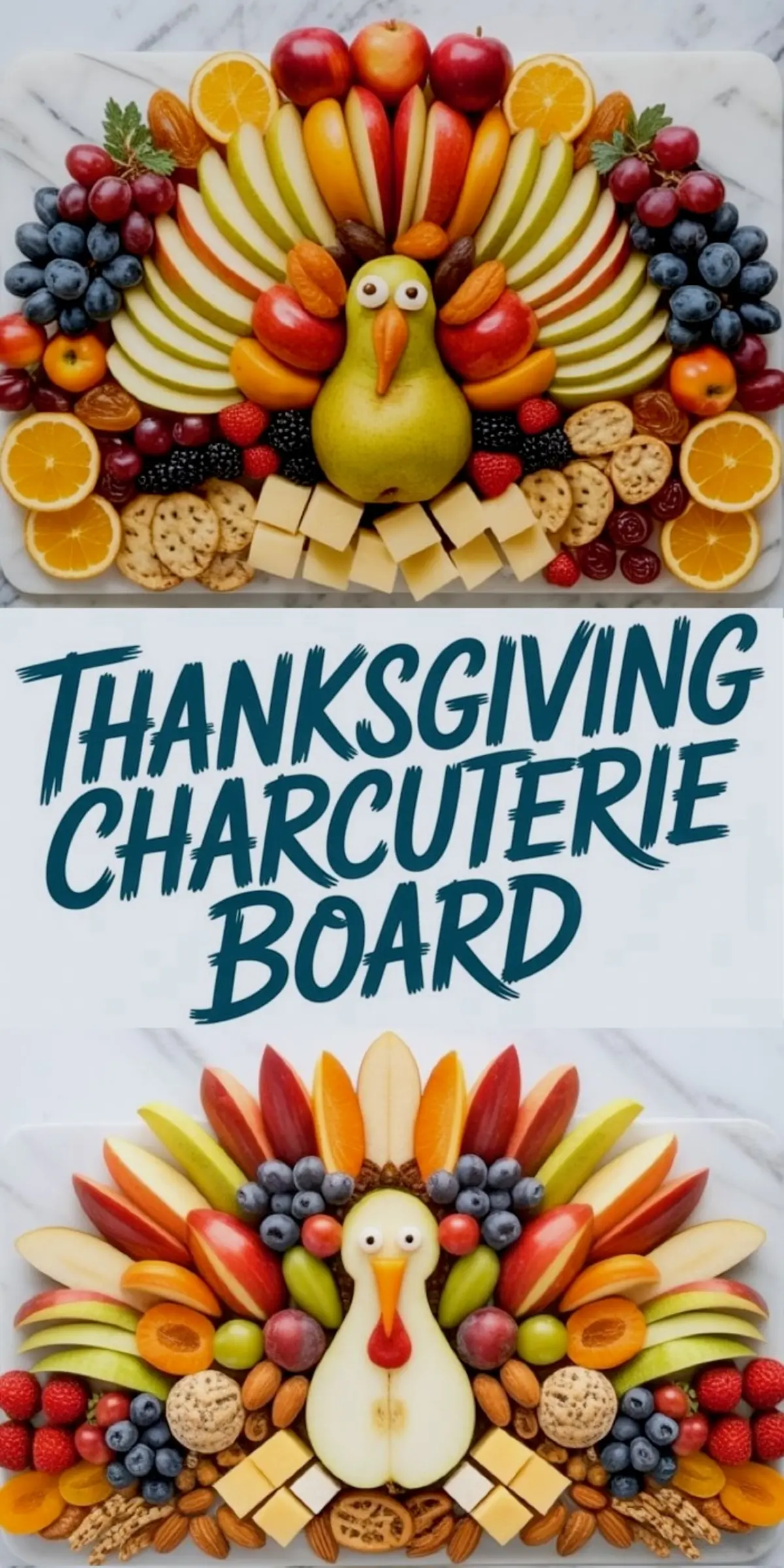 Collage of two Thanksgiving charcuterie boards arranged in turkey shapes, made with sliced apples, pears, oranges, grapes, berries, cheese, crackers, and dried fruits on marble boards.
