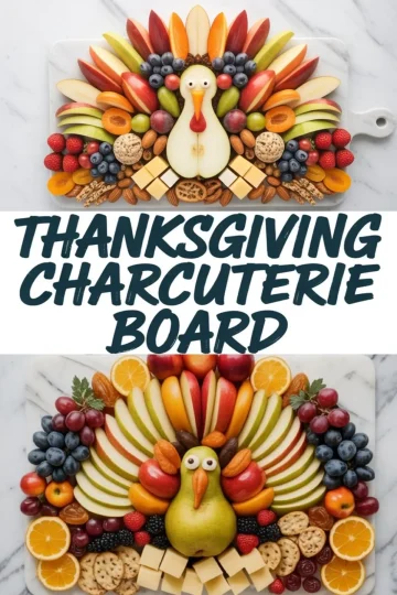 Collage of two festive Thanksgiving charcuterie boards styled as turkeys, using a mix of sliced apples, pears, citrus, grapes, berries, cheese cubes, nuts, and crackers.
