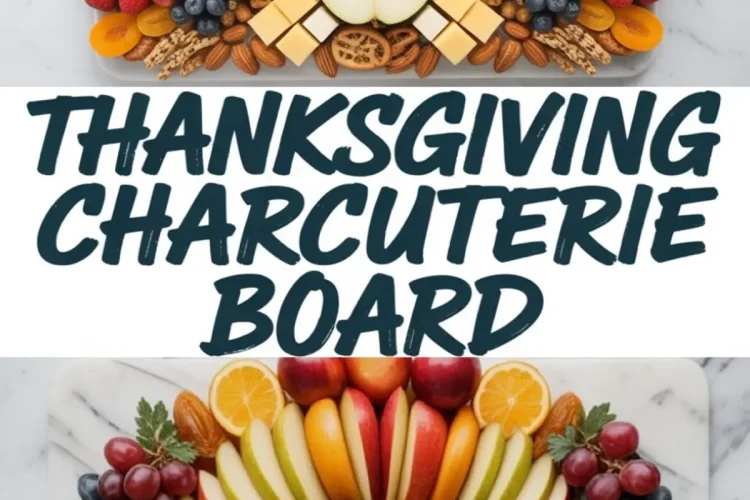 Collage of two festive Thanksgiving charcuterie boards styled as turkeys, using a mix of sliced apples, pears, citrus, grapes, berries, cheese cubes, nuts, and crackers.