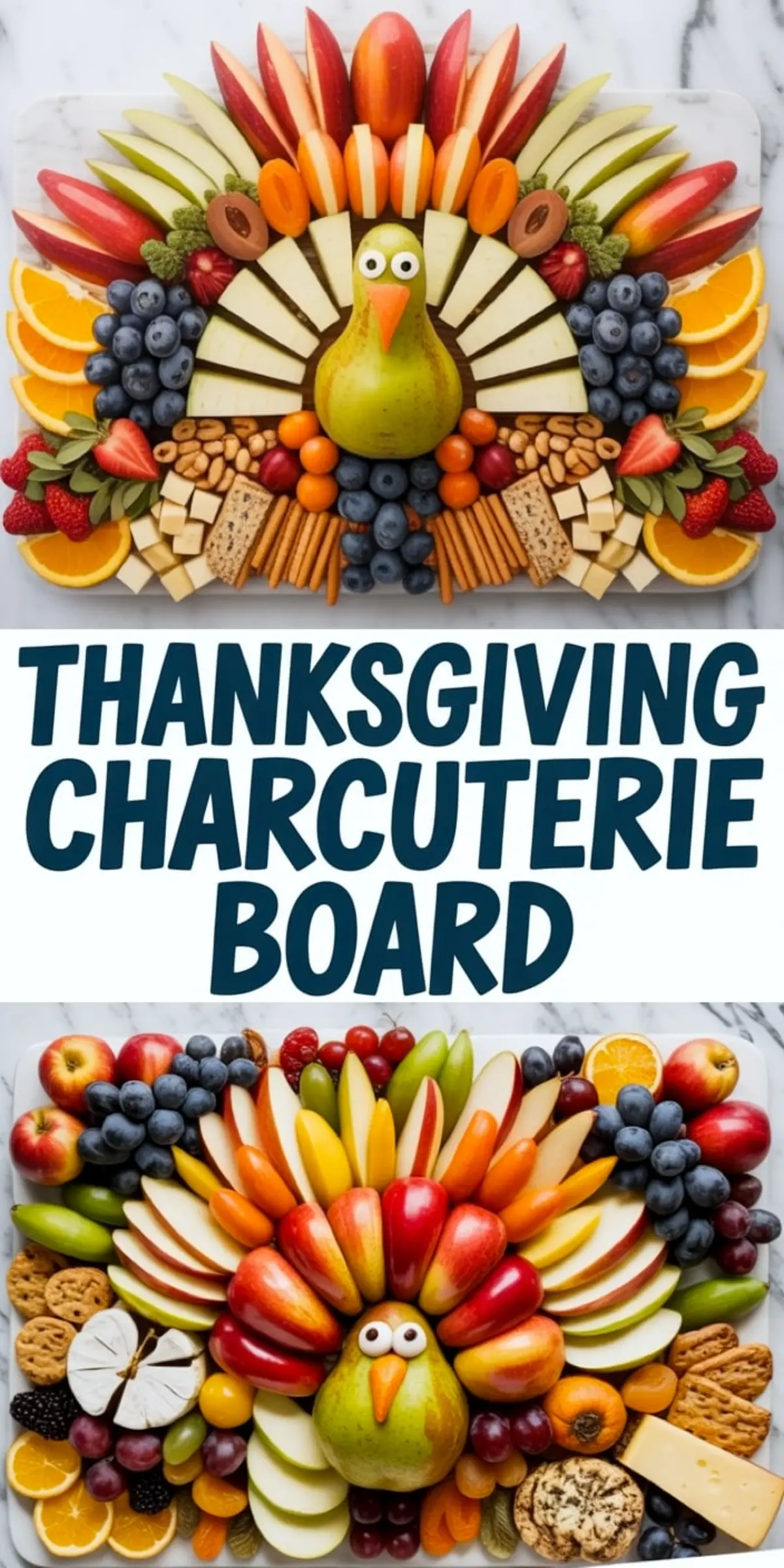 Collage of two Thanksgiving charcuterie boards shaped like turkeys, decorated with colorful sliced fruits, berries, cheese, crackers, and nuts on marble backgrounds.
