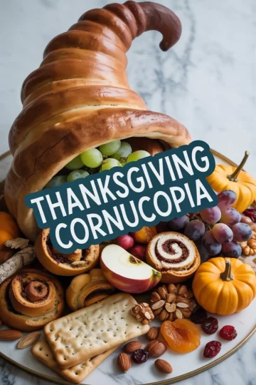 Bread cornucopia centerpiece filled with green grapes, surrounded by mini pumpkins, apple slices, cinnamon rolls, crackers, almonds, dried fruits, and nuts on a marble surface, styled for Thanksgiving.