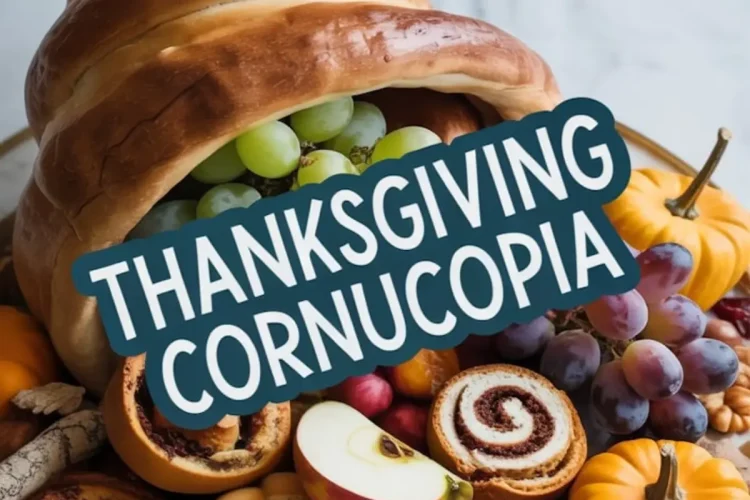 Bread cornucopia centerpiece filled with green grapes, surrounded by mini pumpkins, apple slices, cinnamon rolls, crackers, almonds, dried fruits, and nuts on a marble surface, styled for Thanksgiving.