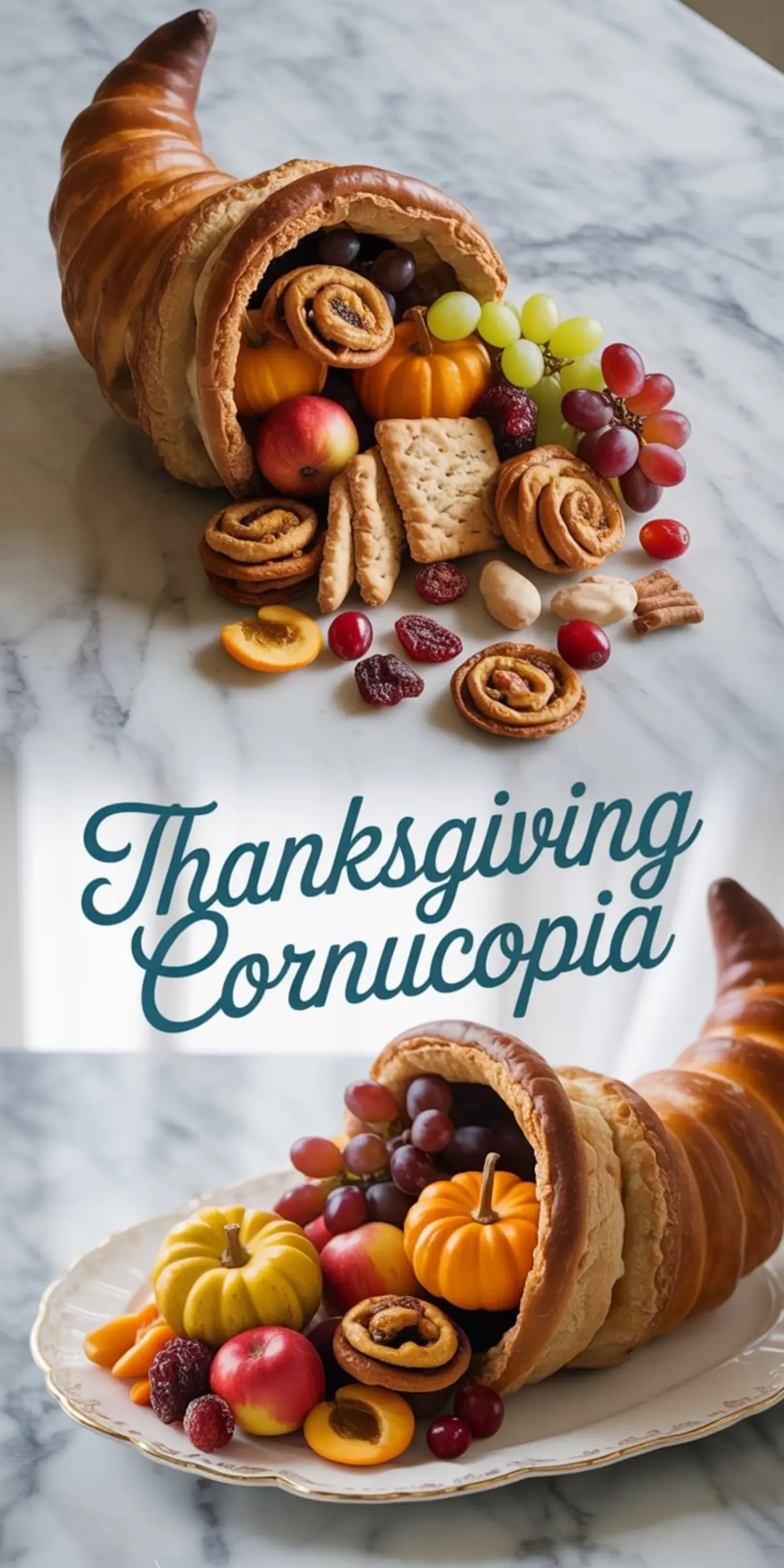 Collage of two Thanksgiving bread cornucopia scenes; the top view features the horn filled with apples, grapes, pumpkins, crackers, cinnamon rolls, and dried fruit on a marble background; the bottom view highlights more fruit and pastry details on a decorative plate.
