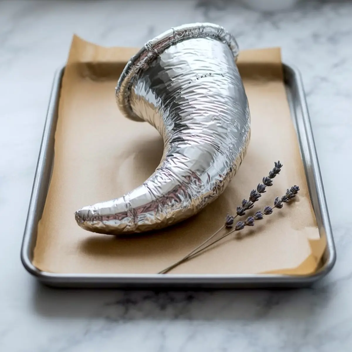 Cornucopia mold shaped from foil and parchment paper placed on a baking sheet with a sprig of dried lavender on a marble countertop.
