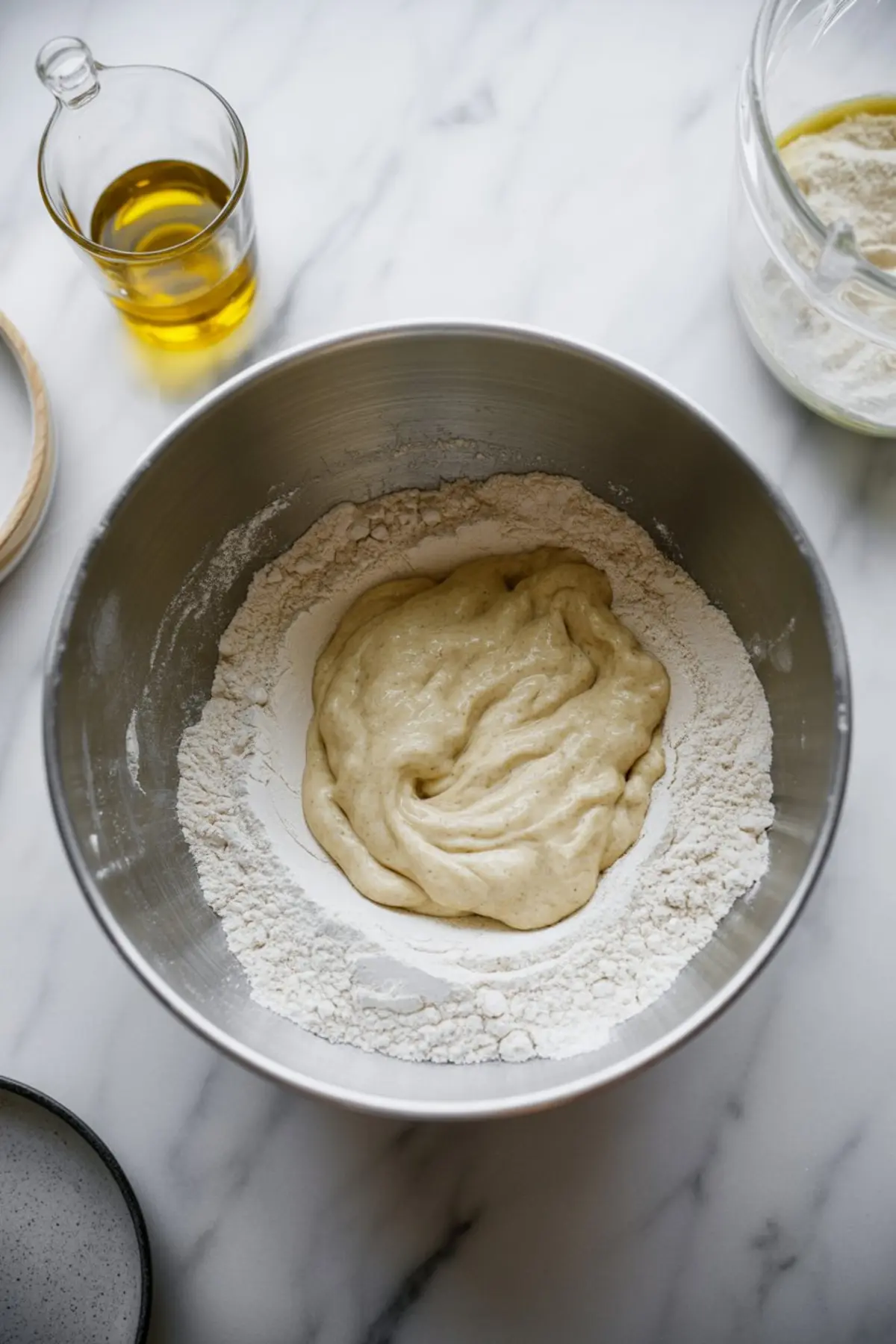 Metal mixing bowl with bread dough resting in a mound of flour, placed beside a glass of olive oil and another bowl containing flour mixture, on a marble countertop.
