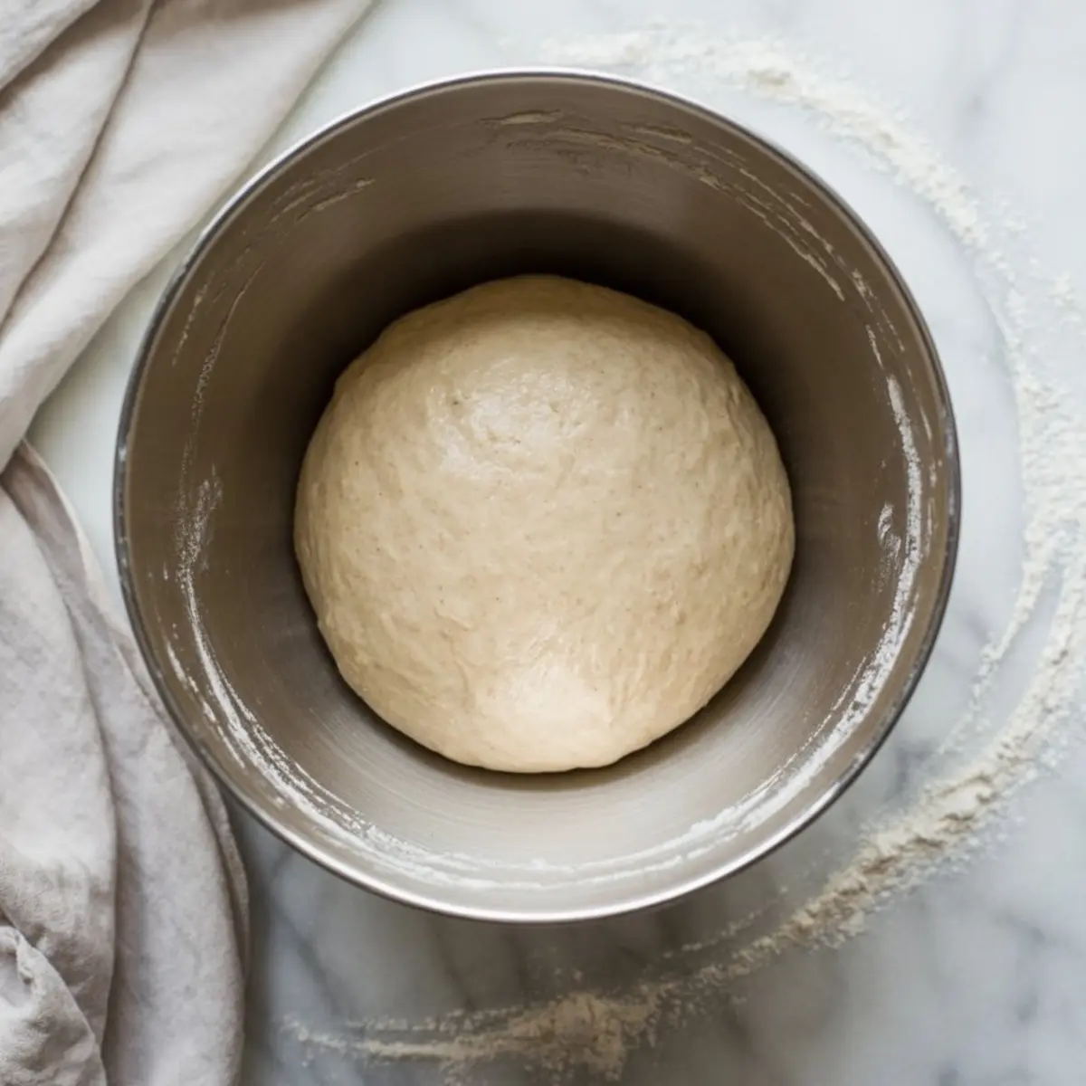 Smooth, risen ball of bread dough in a mixing bowl, with flour scattered on a marble surface and a kitchen towel draped nearby.
