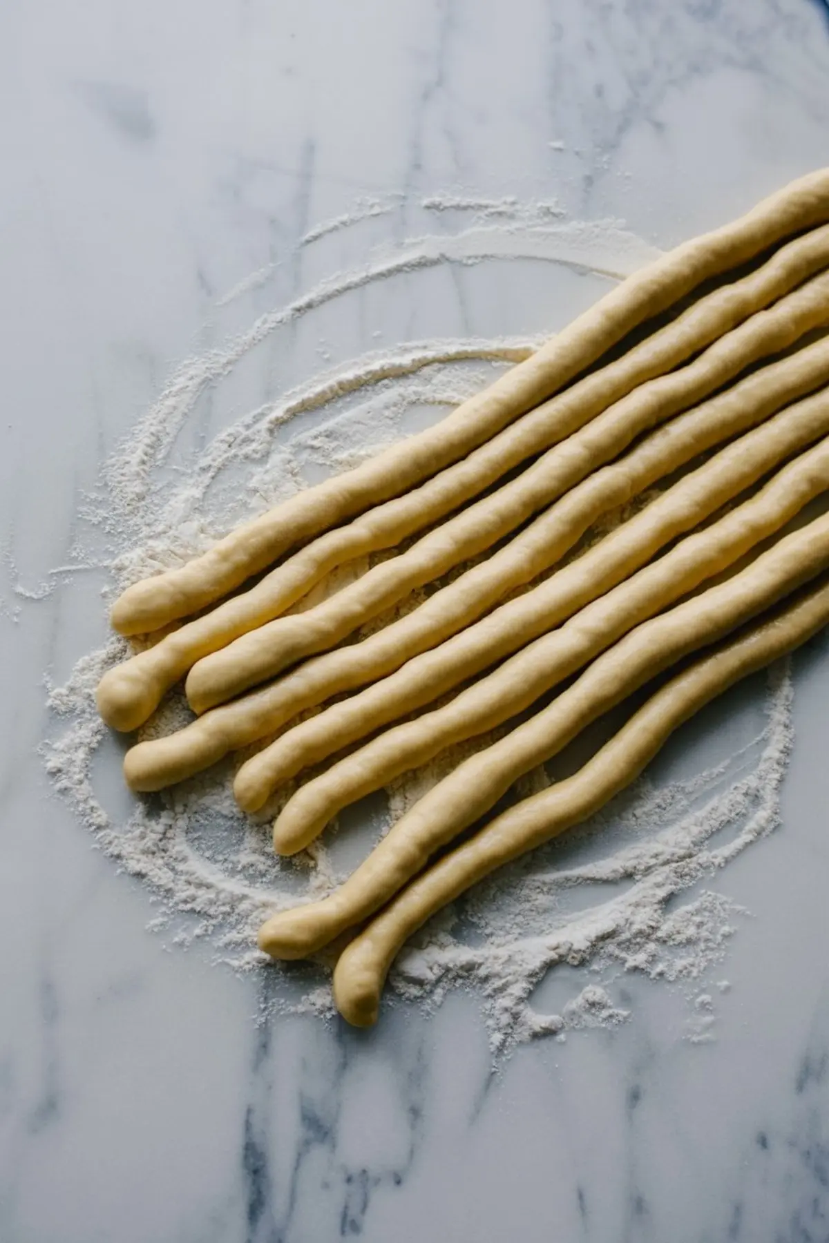 Long strips of bread dough rolled out on a floured marble surface, prepared for weaving or shaping.