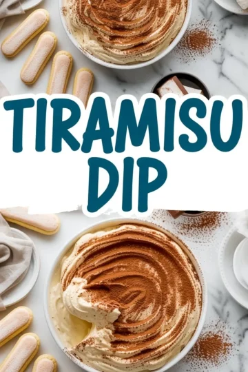 Overhead views of a richly whipped tiramisu dip layered with cocoa powder in a white serving bowl. The top portion shows the dessert surrounded by ladyfingers and scattered cocoa powder, while the bottom focuses on the swirled surface of the dip, capturing the soft texture and chocolatey topping.