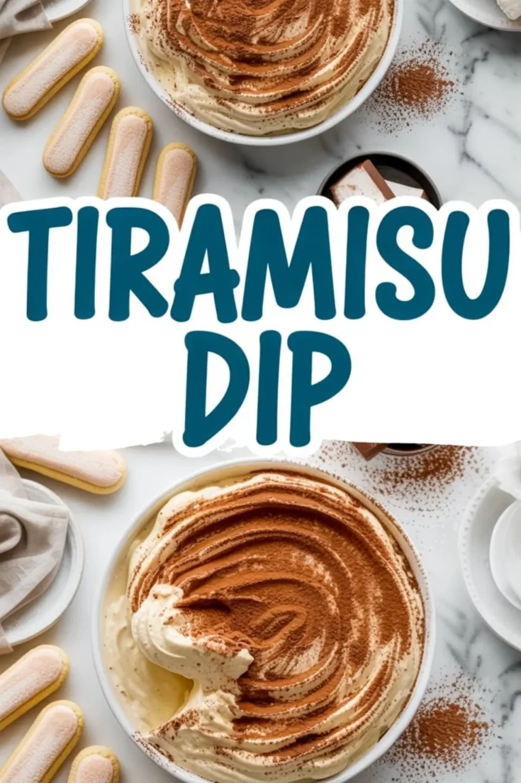 Overhead views of a richly whipped tiramisu dip layered with cocoa powder in a white serving bowl. The top portion shows the dessert surrounded by ladyfingers and scattered cocoa powder, while the bottom focuses on the swirled surface of the dip, capturing the soft texture and chocolatey topping.