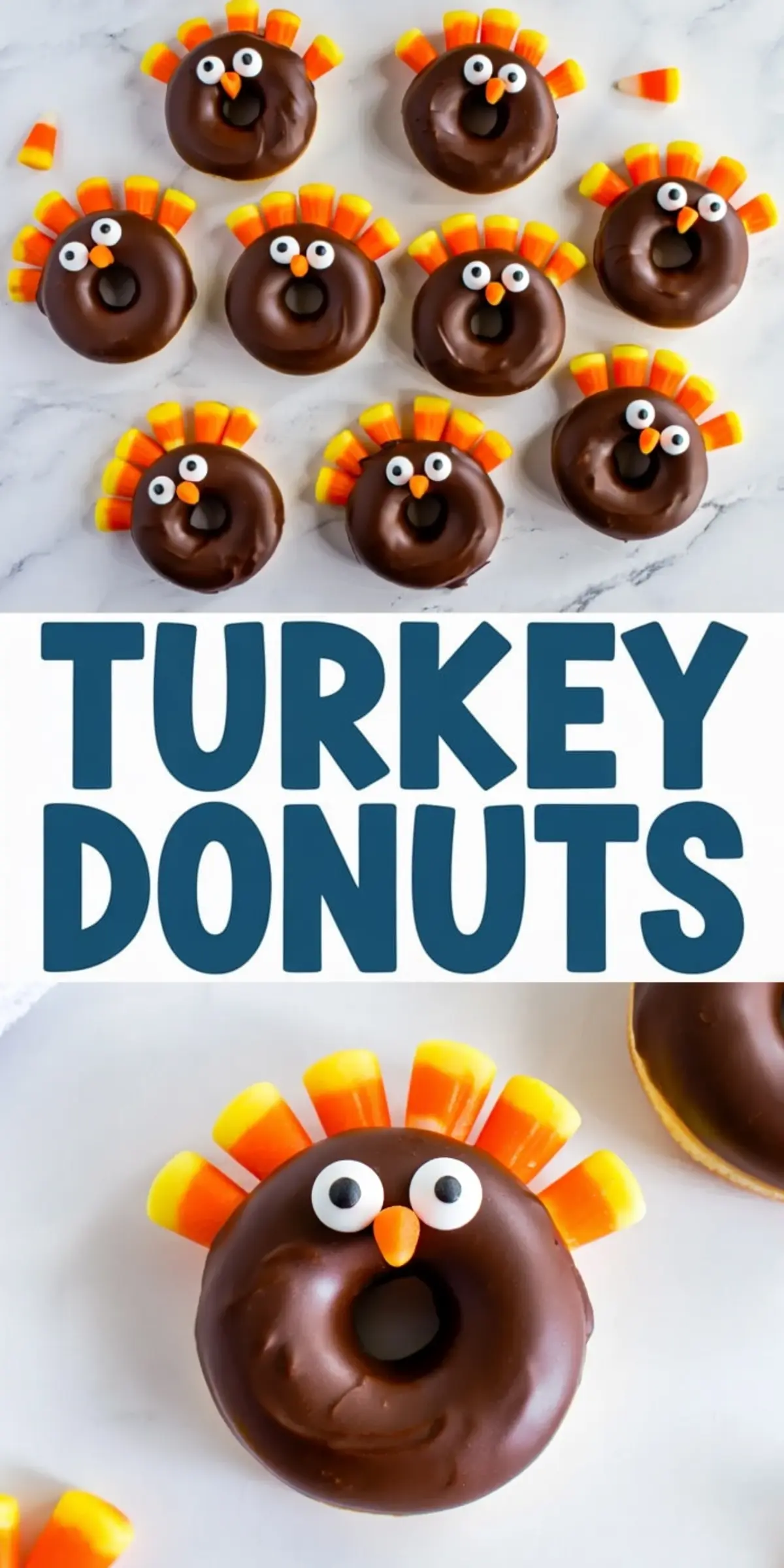 Chocolate glazed donuts decorated as turkeys using candy eyes, orange candy corn beaks, and candy corn feathers, arranged on a marble surface for a creative Thanksgiving dessert idea.

