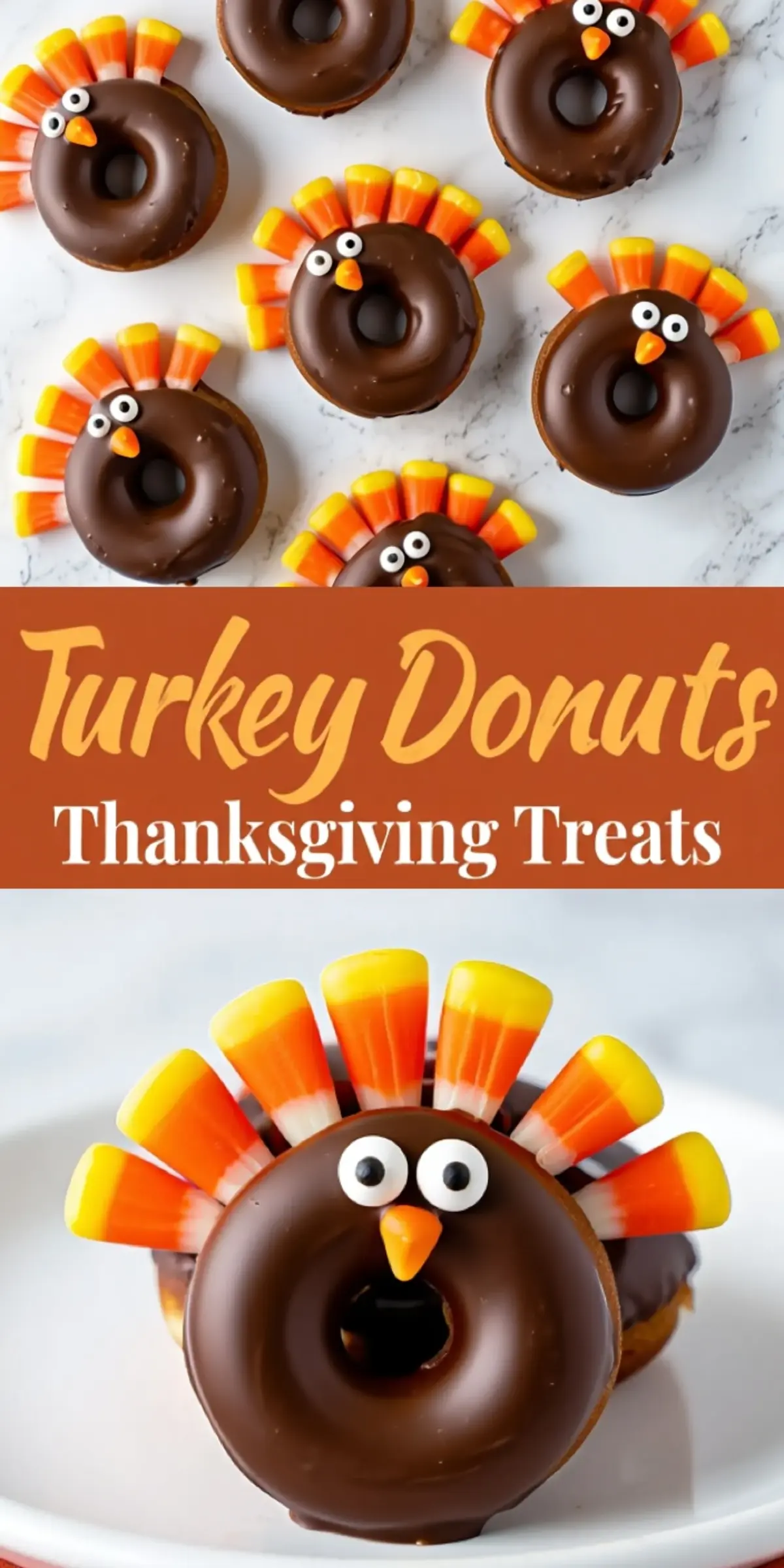 Turkey-themed donuts topped with candy eyes and candy corn feathers, styled as festive Thanksgiving treats for kids and holiday dessert tables.
