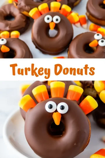 Turkey donuts made from chocolate glazed donuts decorated with candy corn feathers and candy eyes, displayed on a white plate for a fun fall baking project.