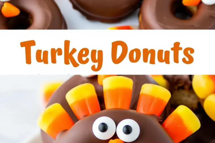 Turkey donuts made from chocolate glazed donuts decorated with candy corn feathers and candy eyes, displayed on a white plate for a fun fall baking project.