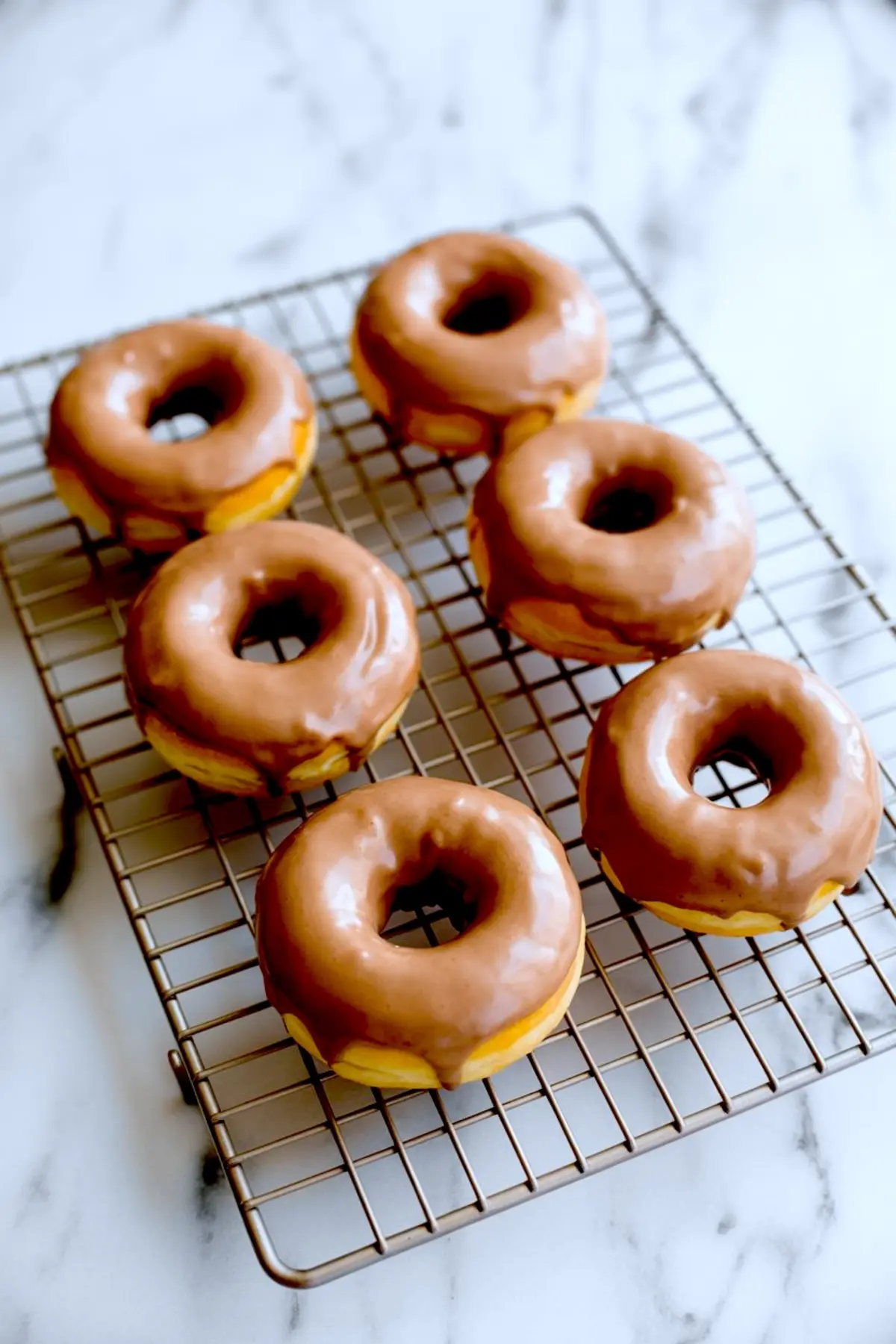 Freshly glazed chocolate donuts cooling on a wire rack, prepared for decorating into turkey-themed treats for Thanksgiving baking and dessert ideas.
