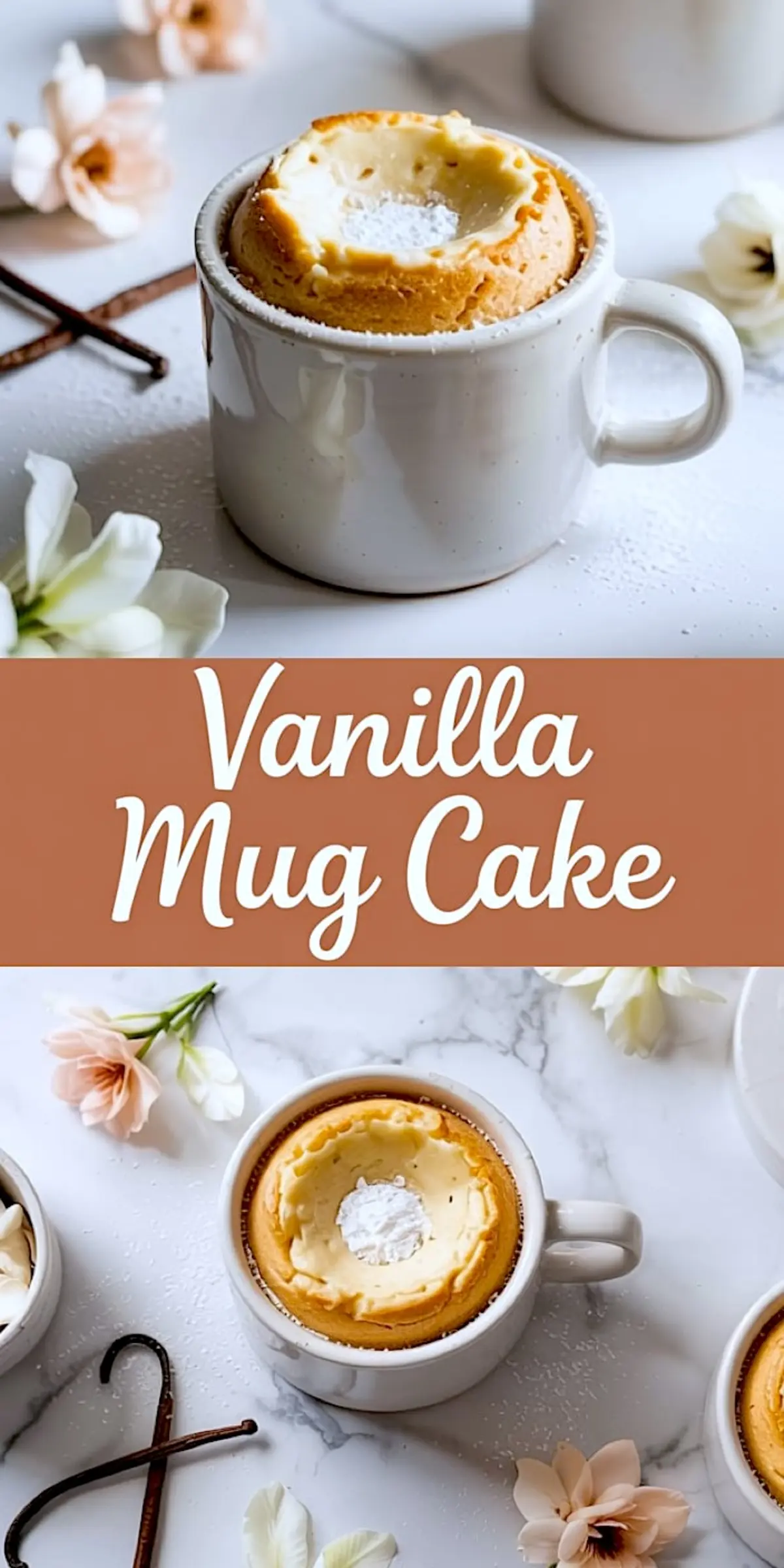 Vanilla mug cake displayed with a domed, moist texture and powdered sugar center in a speckled mug, surrounded by white and peach flowers and vanilla beans on a marble surface.

