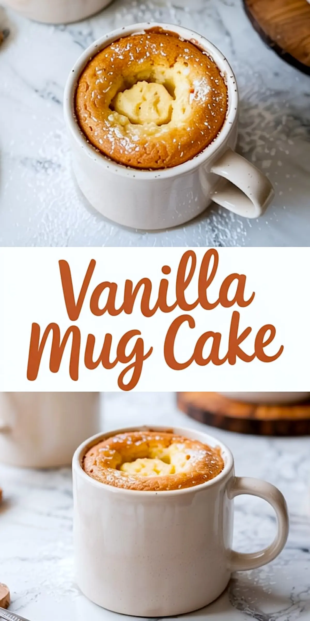 Vanilla mug cake shown from the top and side angles in a white ceramic mug, featuring a golden-brown crust and a soft, fluffy center, lightly dusted with powdered sugar on a marble background.
