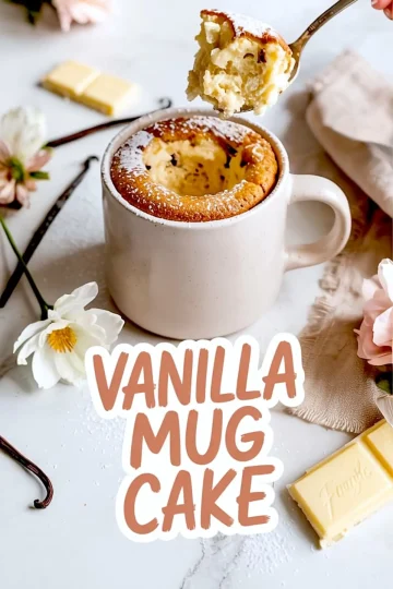 Vanilla mug cake with a bite on a spoon above the mug, showing moist crumb texture, surrounded by vanilla pods, white chocolate, and flowers on a marble surface.