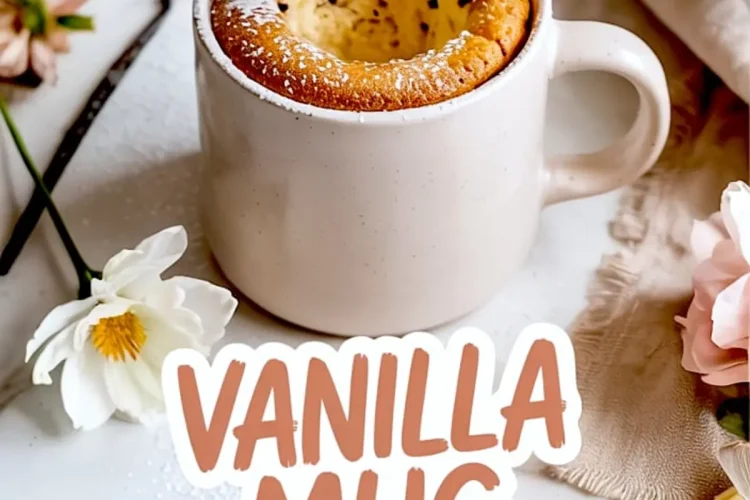 Vanilla mug cake with a bite on a spoon above the mug, showing moist crumb texture, surrounded by vanilla pods, white chocolate, and flowers on a marble surface.