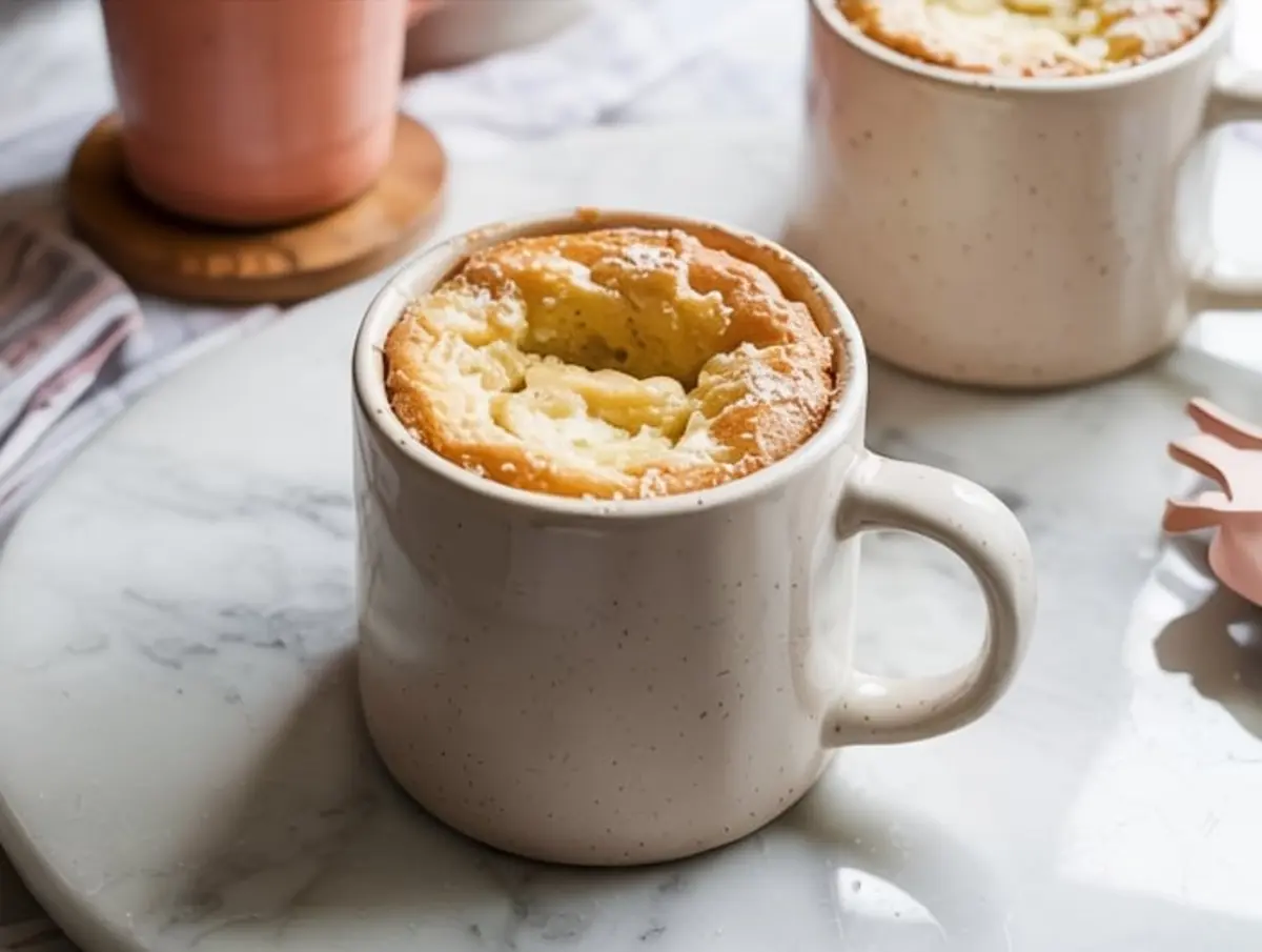 Fluffy vanilla mug cake with a light golden top served in a white ceramic mug, set on a marble tray with a blurred background and natural lighting.
