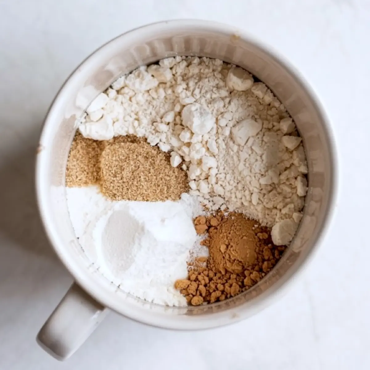 Dry ingredients for vanilla mug cake including flour, brown sugar, baking powder, cinnamon, and salt layered in a white mug before mixing.
