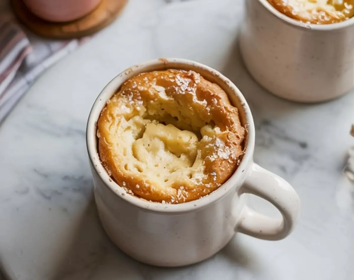 Freshly baked vanilla mug cake in a white mug with a golden top and soft center, served on a round marble board in a cozy kitchen setting.

