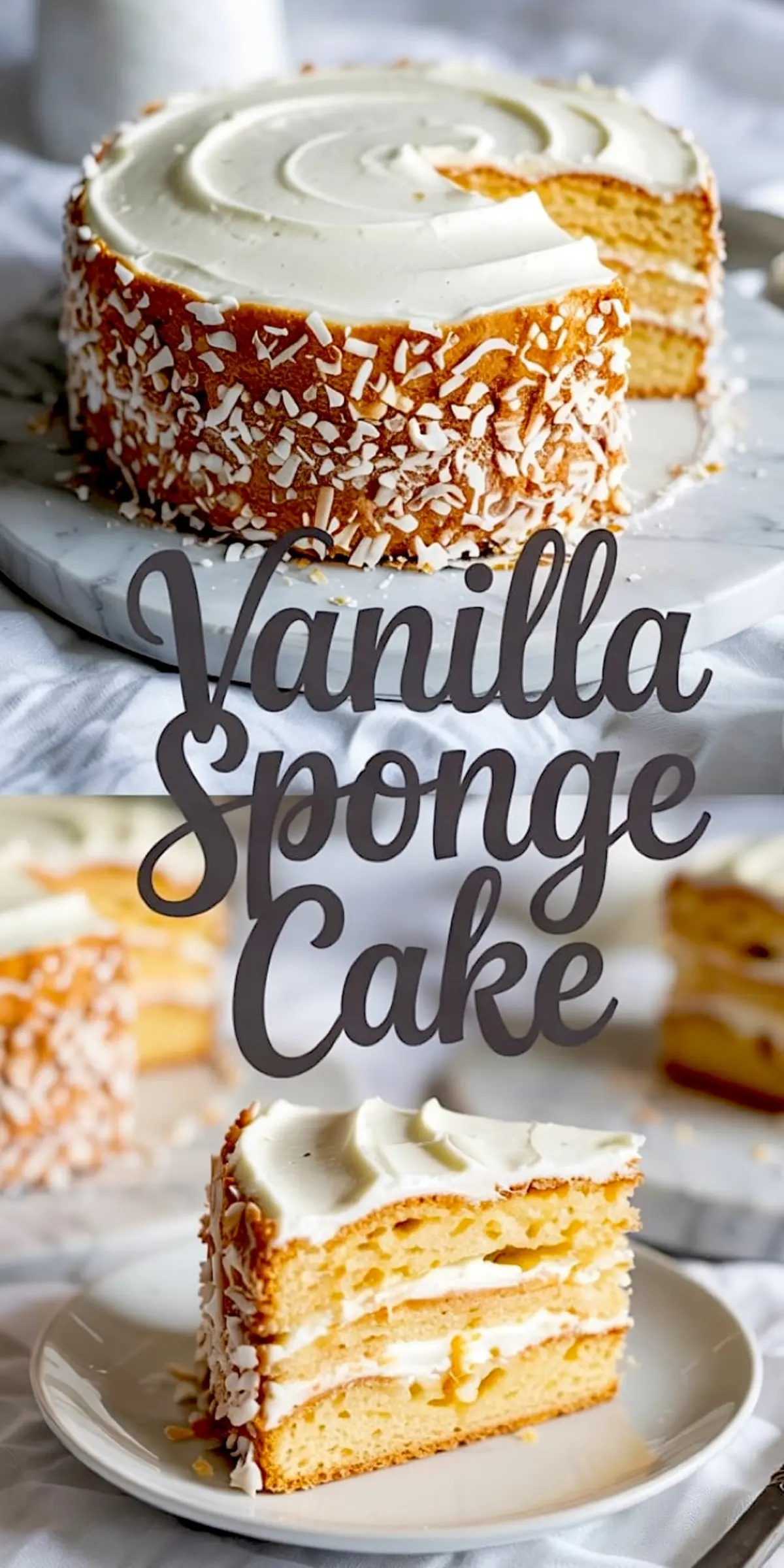 Collage showing a whole vanilla sponge cake covered in white frosting and coconut flakes on top, and a plated slice revealing its moist layers and smooth cream filling, arranged with “Vanilla Sponge Cake” text overlay.
