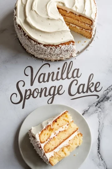Round vanilla sponge cake with a creamy white frosting and shredded coconut on the sides, placed on a marble surface with a slice served on a gray plate.