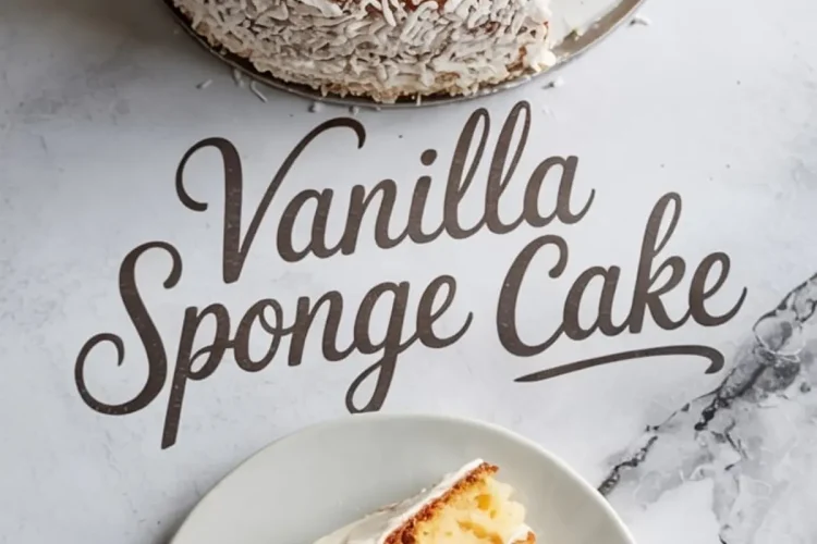 Round vanilla sponge cake with a creamy white frosting and shredded coconut on the sides, placed on a marble surface with a slice served on a gray plate.