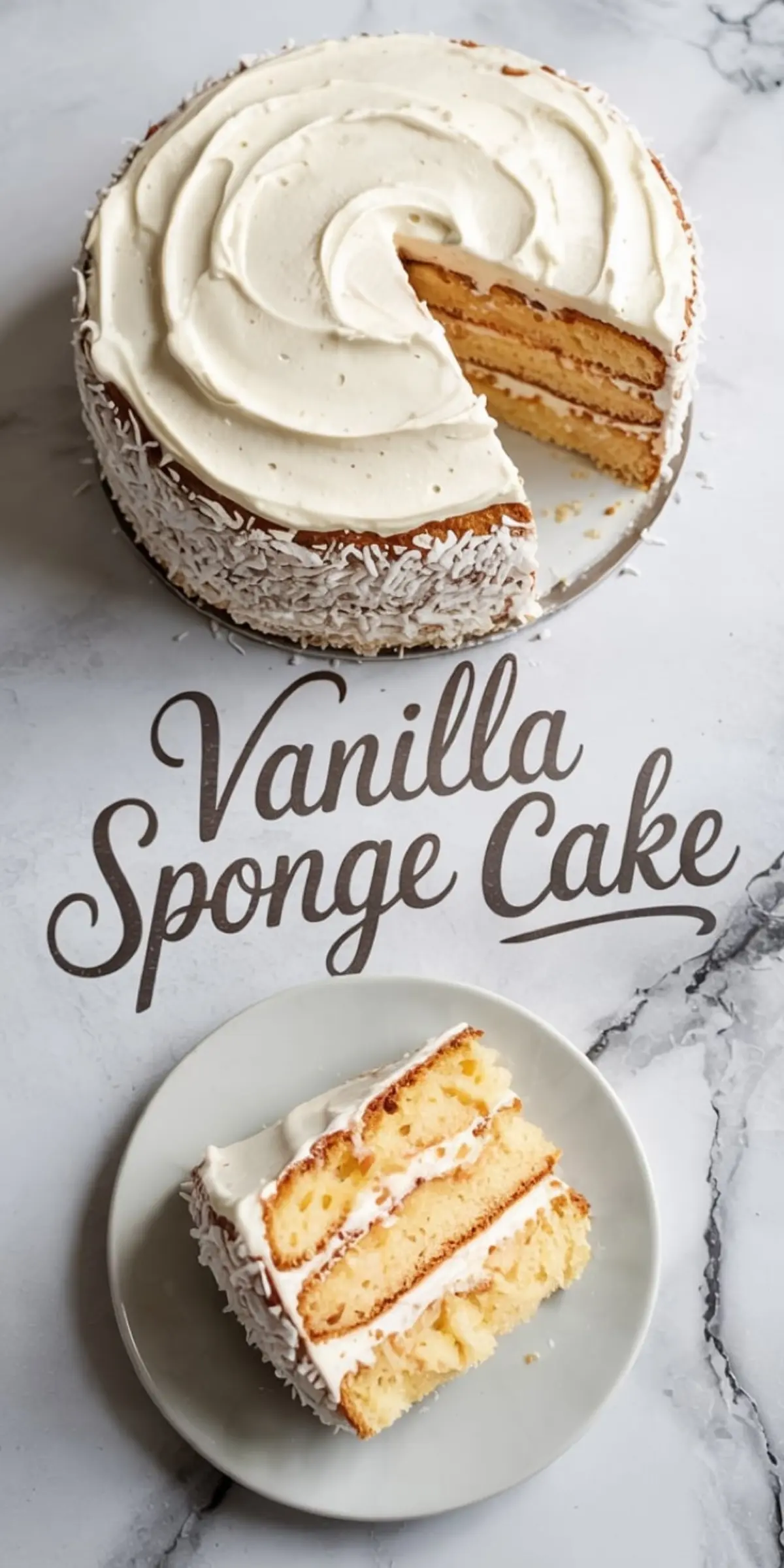 Round vanilla sponge cake with white whipped frosting and shredded coconut coating, displayed on a marble surface with one slice served on a plate.
