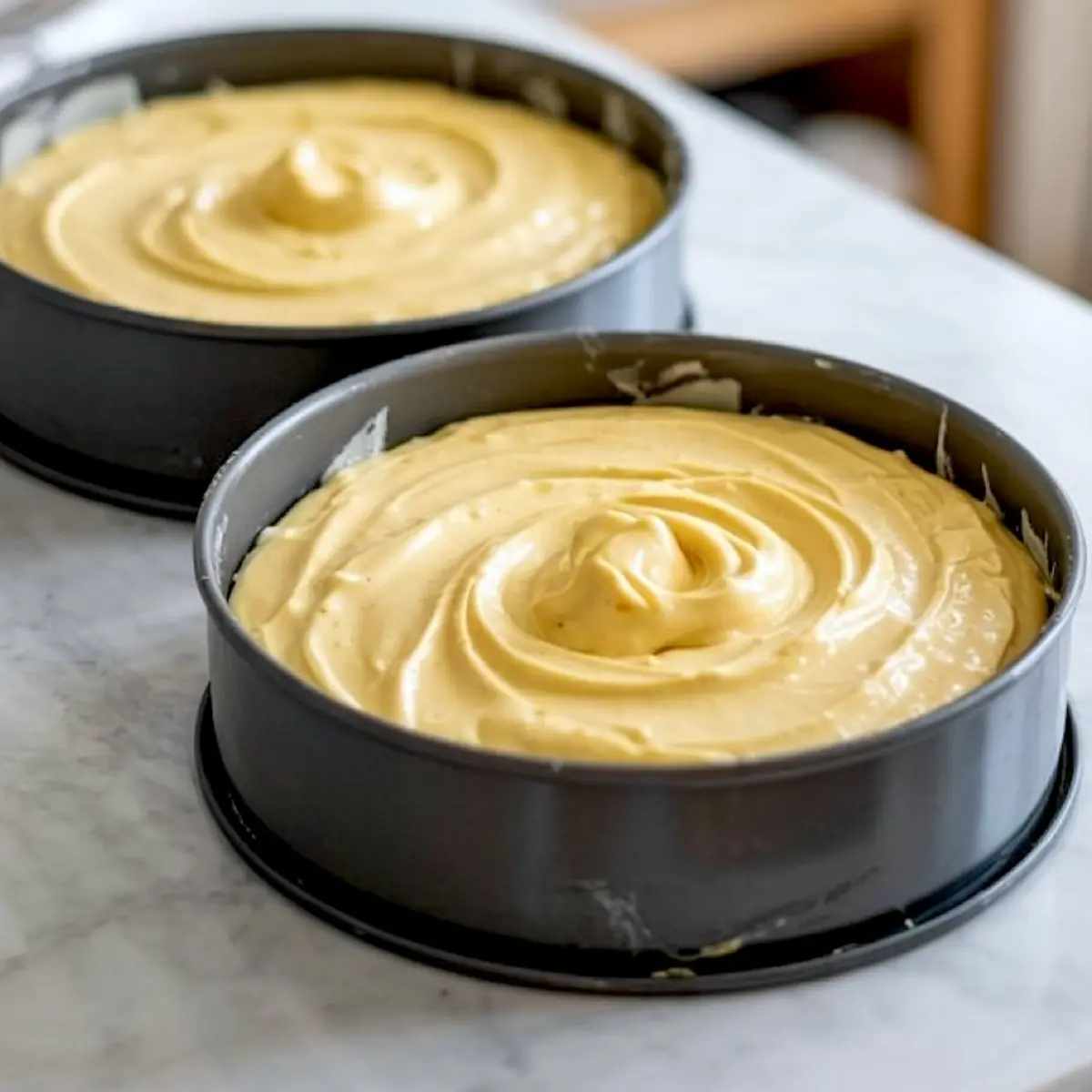 Unbaked vanilla sponge cake batter evenly spread in two round non-stick cake pans, placed on a marble countertop.
