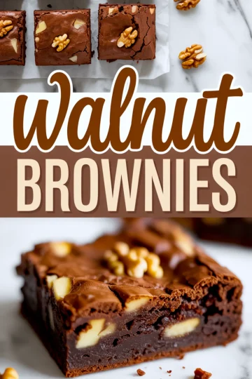 Close-up of sliced walnut brownies showing gooey chocolate texture with visible walnut chunks and a bold “Walnut Brownies” text overlay.