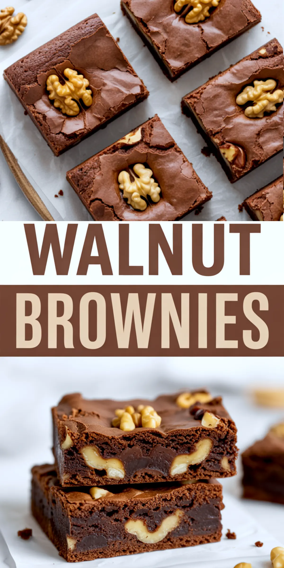 Vertical collage featuring overhead walnut brownies with glossy tops and close-up slices revealing dense chocolate texture and walnut pieces, with bold “Walnut Brownies” text in the center.
