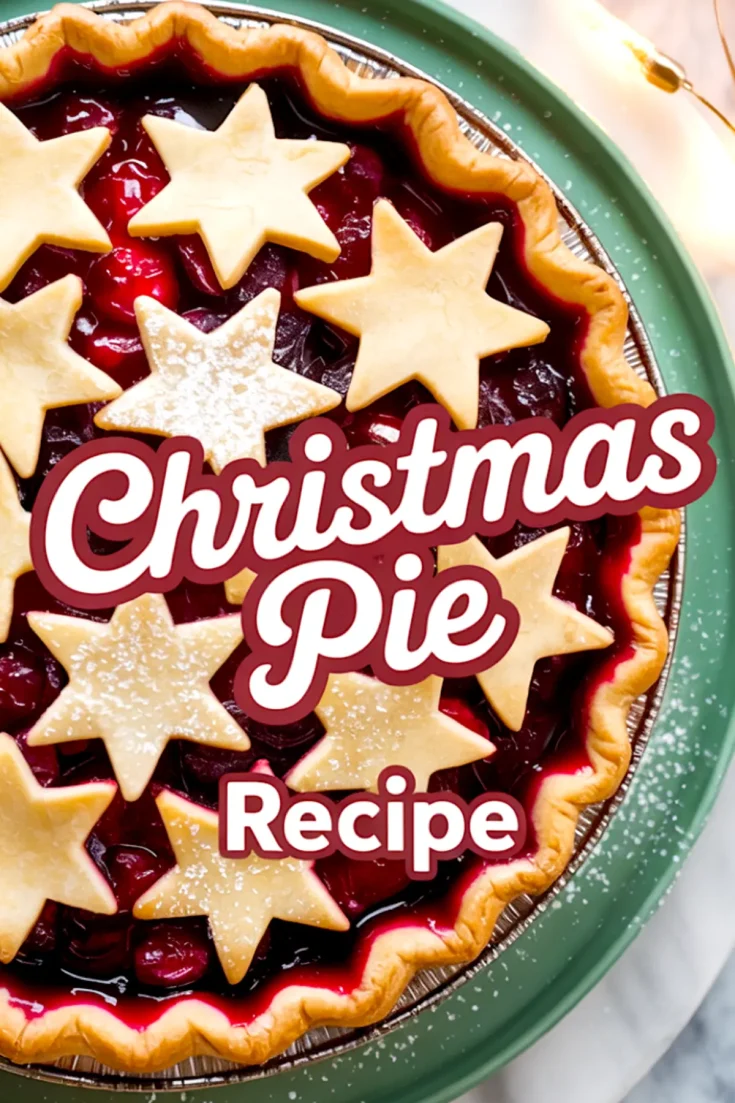 Top-down view of a baked holiday pie with a scalloped crust and golden star toppers over rich red cherry and cranberry filling. Text overlay reads “Christmas Pie Recipe” in festive fonts.