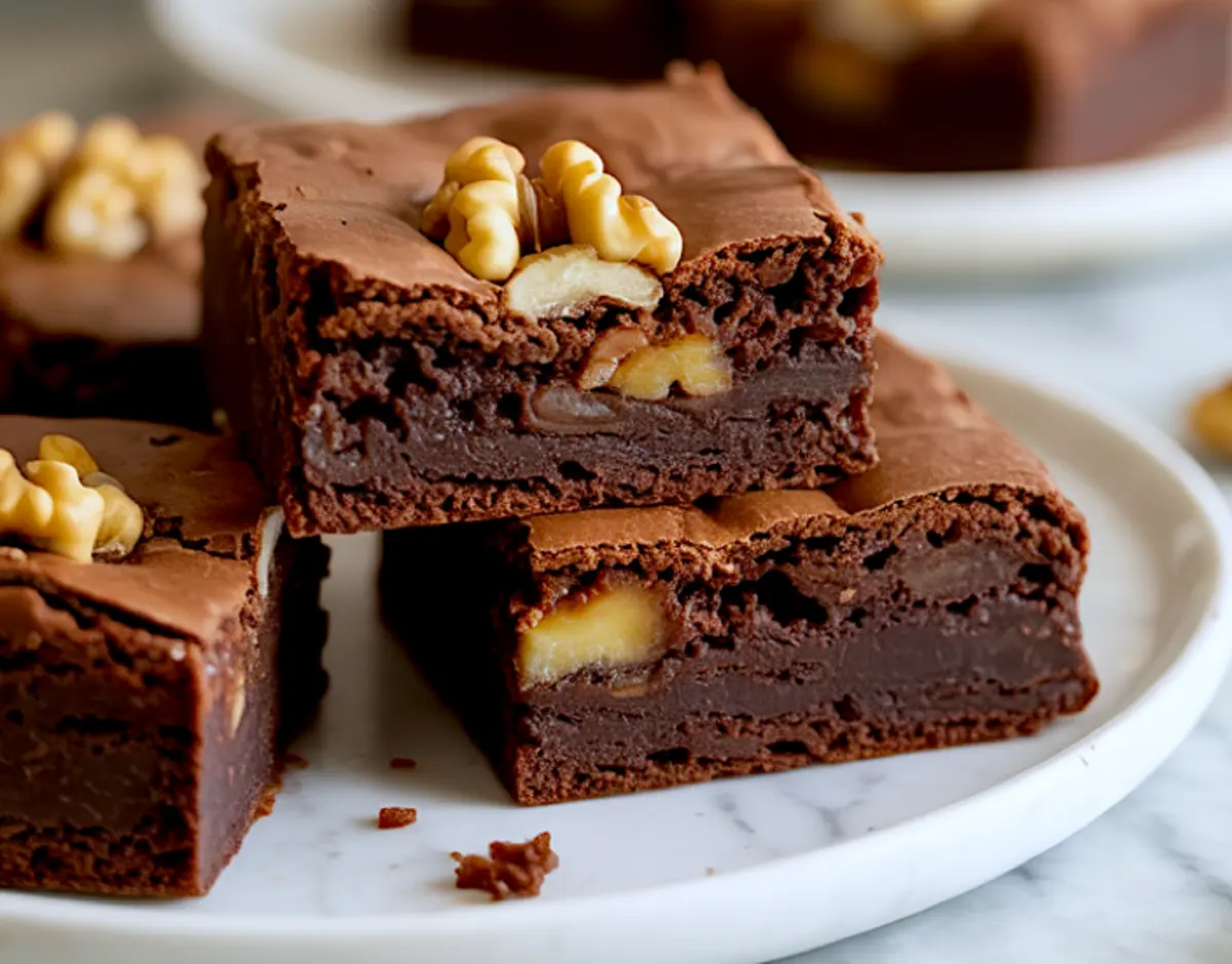 Close-up of stacked fudgy brownies on a white plate, showing rich chocolate layers and embedded walnut pieces.
