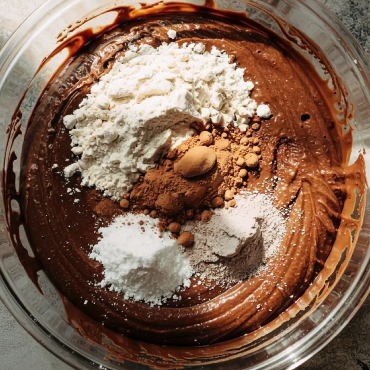 Glass mixing bowl filled with thick chocolate brownie batter, topped with flour, cocoa powder, powdered sugar, and baking ingredients.
