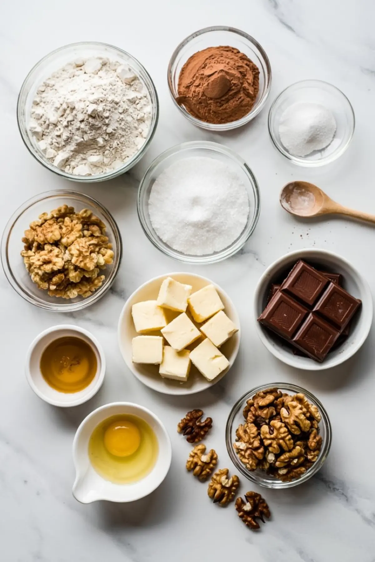 Flat lay of brownie ingredients including flour, cocoa powder, sugar, butter, walnuts, chocolate chunks, eggs, honey, and salt arranged in small bowls on a marble background.
