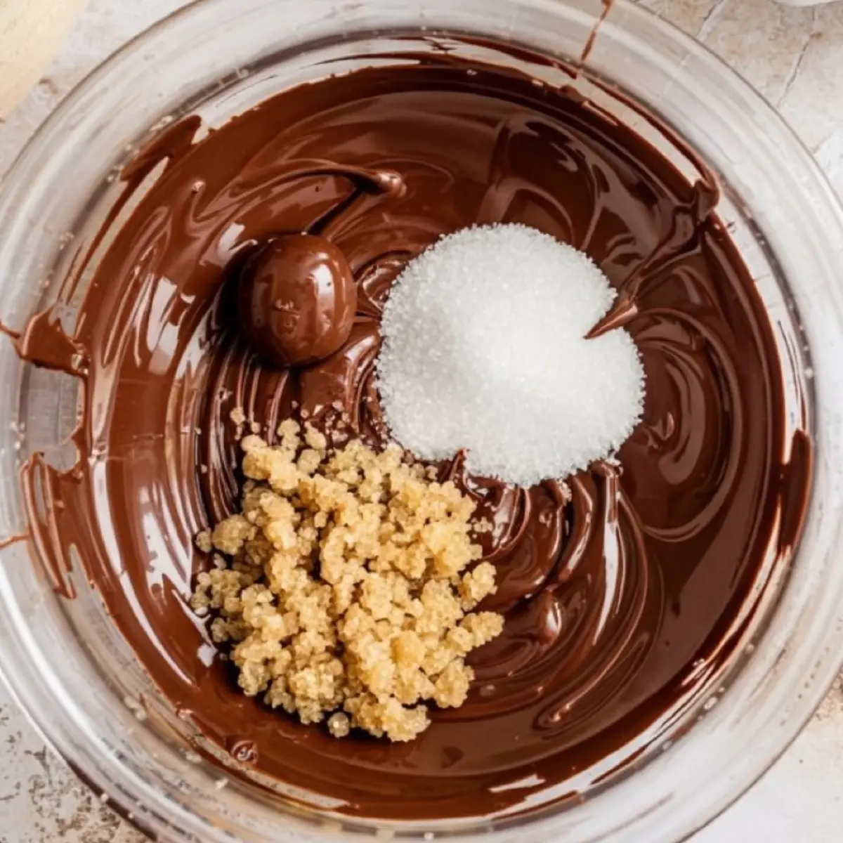 Glass bowl with melted chocolate, white sugar, brown sugar, and a cracked egg yolk on a light textured surface.
