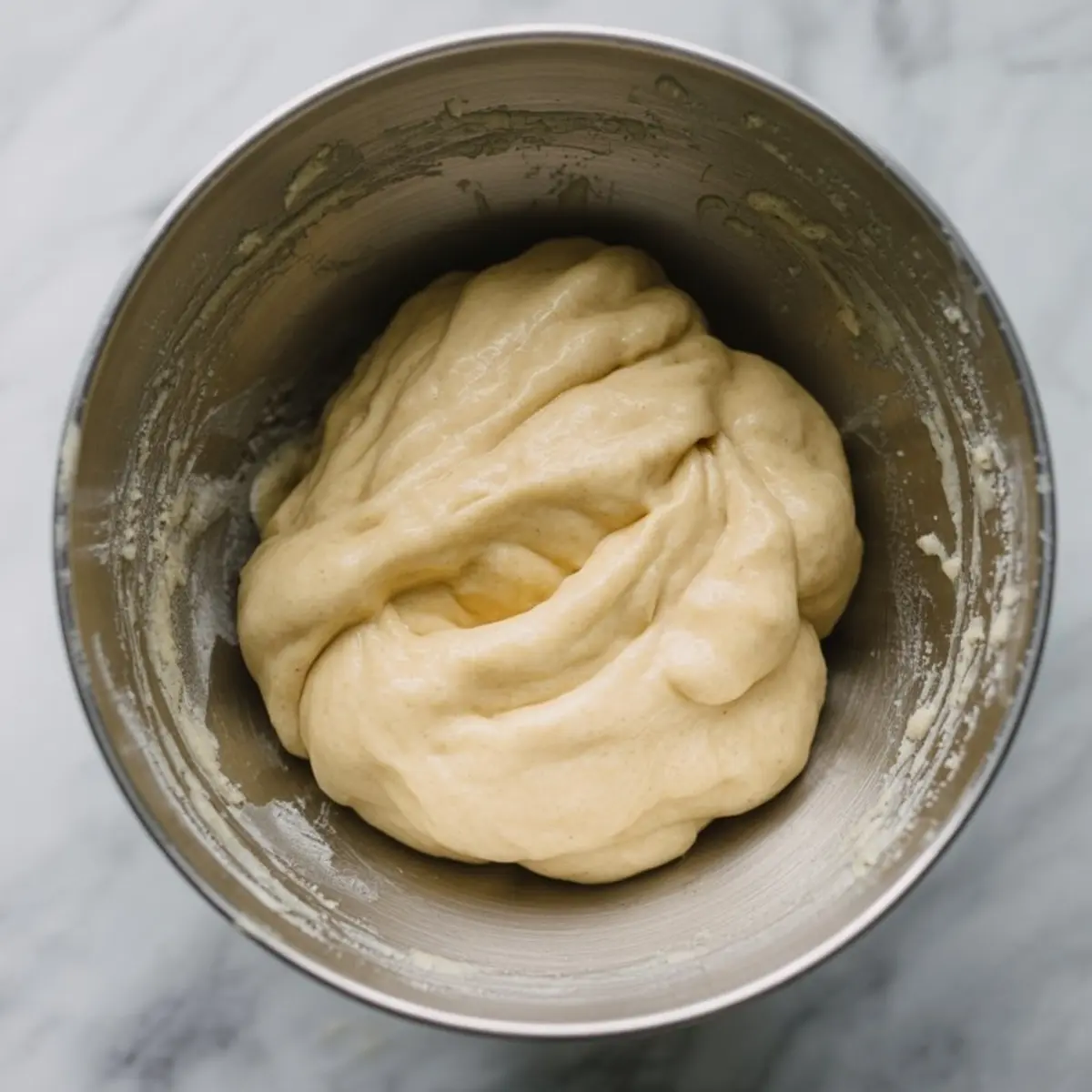 A bowl of smooth cookie dough with a soft, elastic texture inside a stainless steel mixing bowl, ready for shaping.
