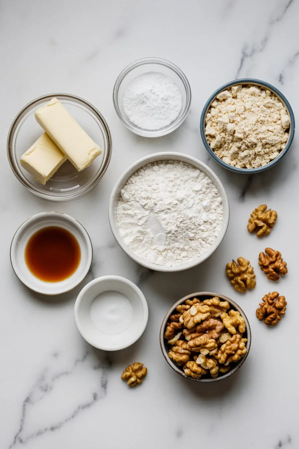 Flat lay of walnut cookie ingredients on a marble surface, including butter sticks, powdered sugar, all-purpose flour, crushed walnuts, whole walnuts, vanilla extract, and salt.
