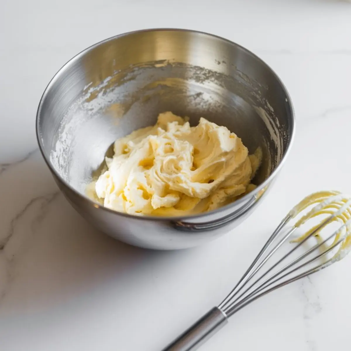 Creamy butter mixture whipped to a fluffy consistency in a metal mixing bowl with a whisk lying next to it on a white countertop.
