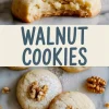 Walnut cookies shown in a collage with one cookie bitten to reveal the crumbly interior, and whole cookies topped with walnuts and dusted with powdered sugar on a marble background.
